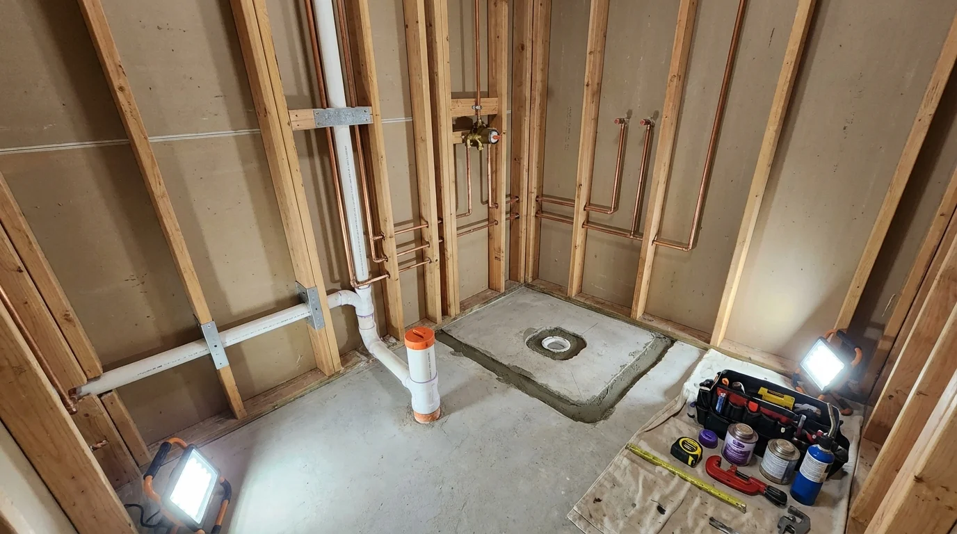 Bathroom rough-in plumbing during remodel by Johns Plumbing LLC in Williamsburg