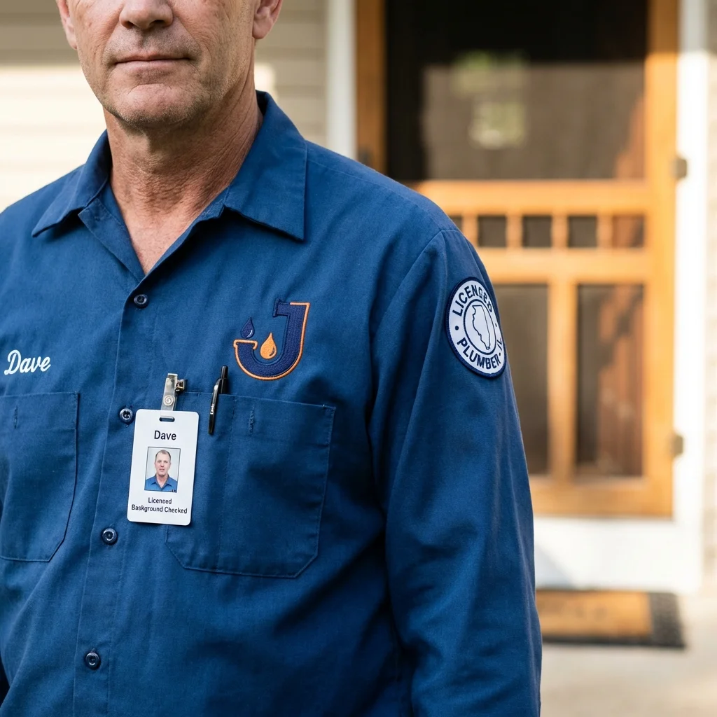 Licensed plumber showing ID badge in Williamsburg, VA