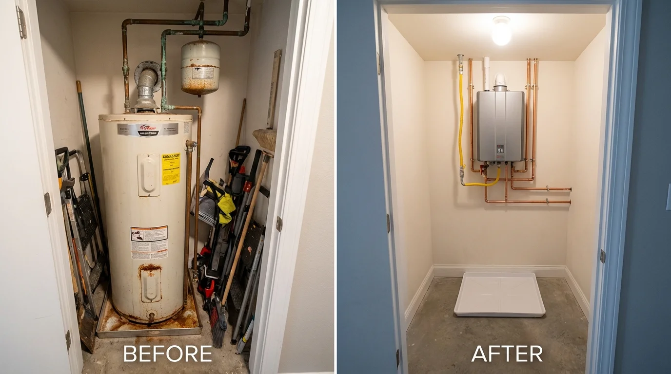 Tank water heater versus wall-mounted tankless unit comparison for Williamsburg, VA homeowners