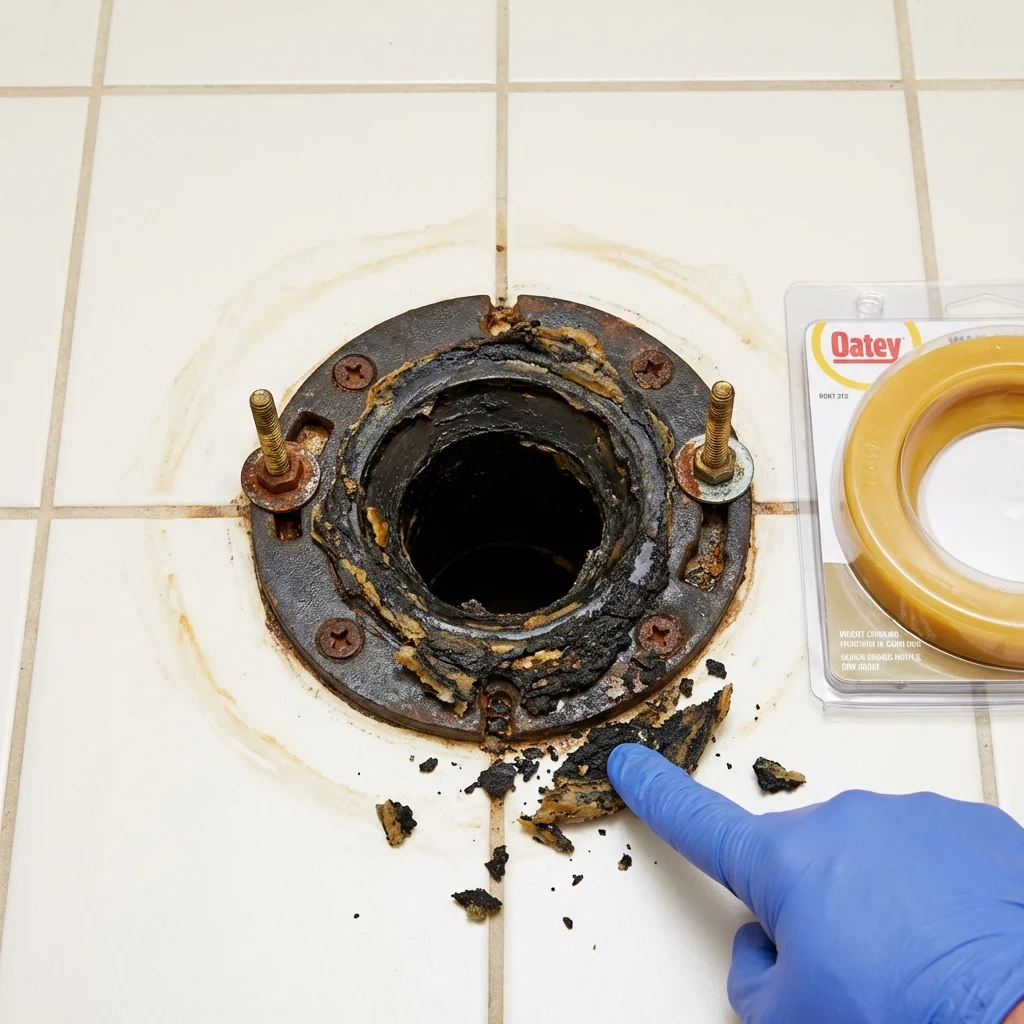 Failed wax ring showing water seepage at the base of a toilet in a Williamsburg, VA home