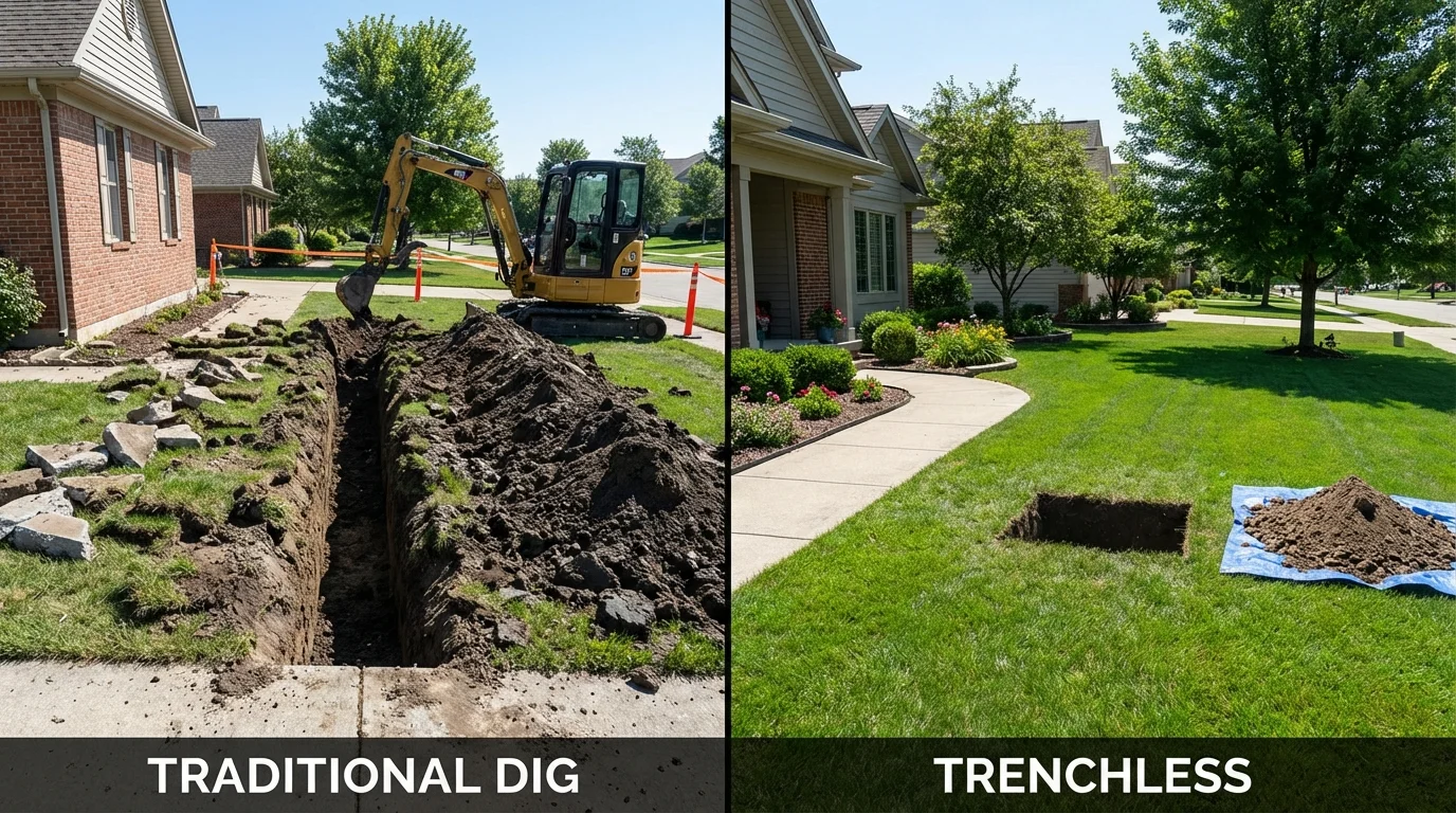 Trenchless sewer repair with minimal yard damage versus traditional excavation in Williamsburg, VA